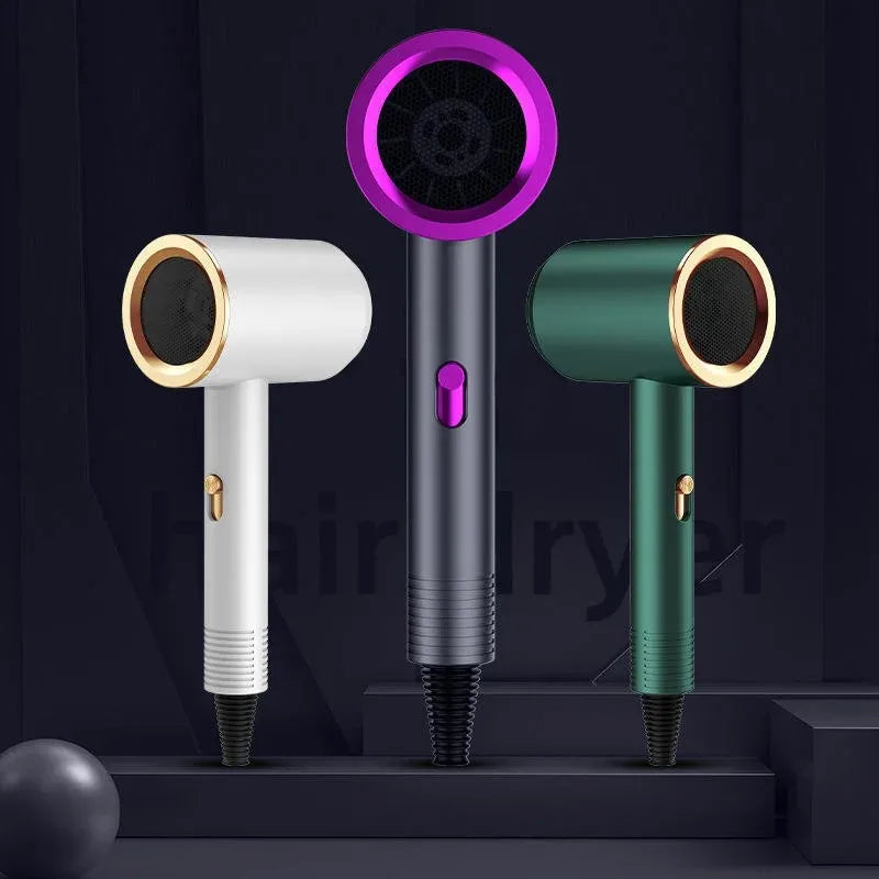 White, gray, and green high-speed professional negative ion hair dryers with modern ergonomic design.