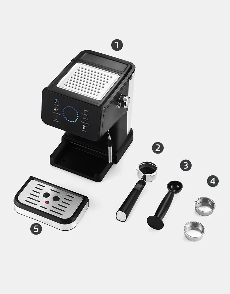 Black espresso machine with portafilter, scoop, and drip tray accessories on a white background.
