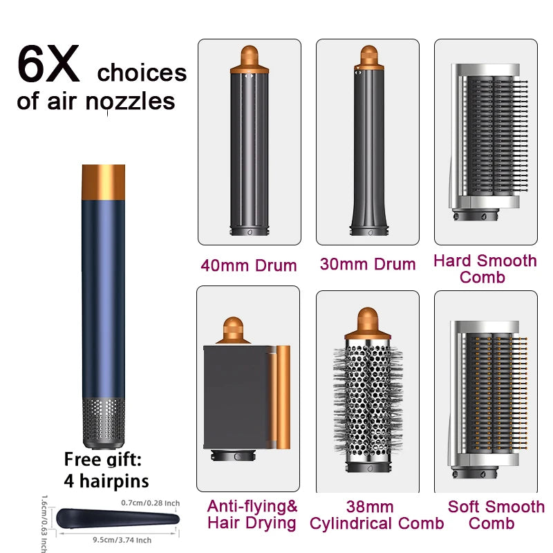 SenCiciMen 6-in-1 multi hair styler with 6 grey and gold attachments, air dryer, curling barrels, and brushes.