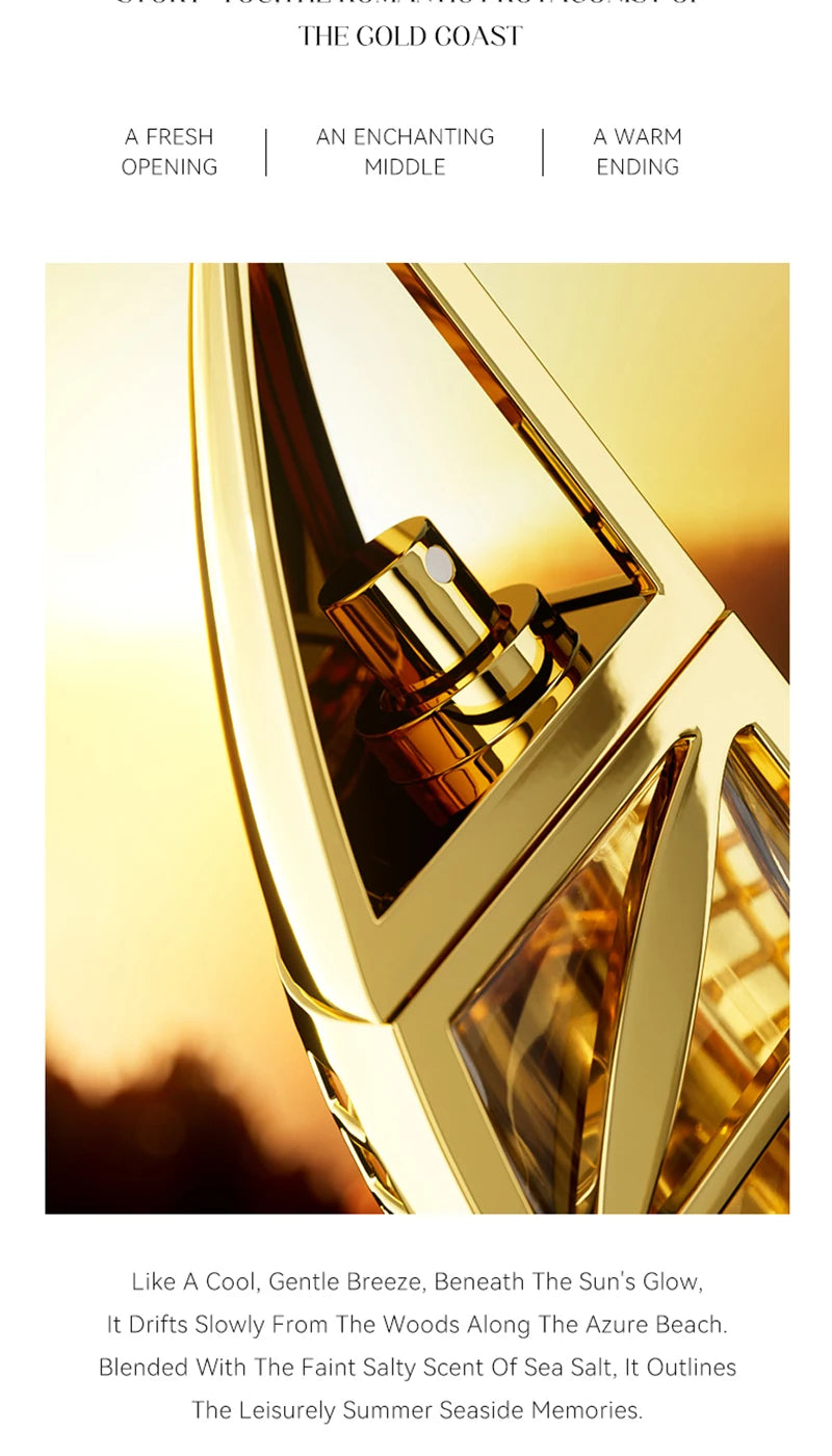 MORAKOT Golden Vacation unisex 75ml EDT: gold geometric bottle, fresh sea salt woody scent for men and women.