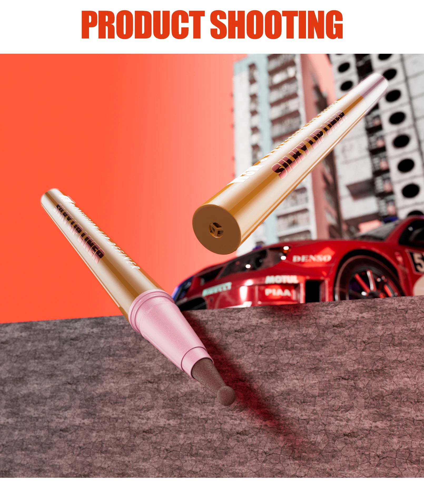 Two liquid matte lip liner pencils in gold and pink casings with a brown rounded tip applicator for precise definition.