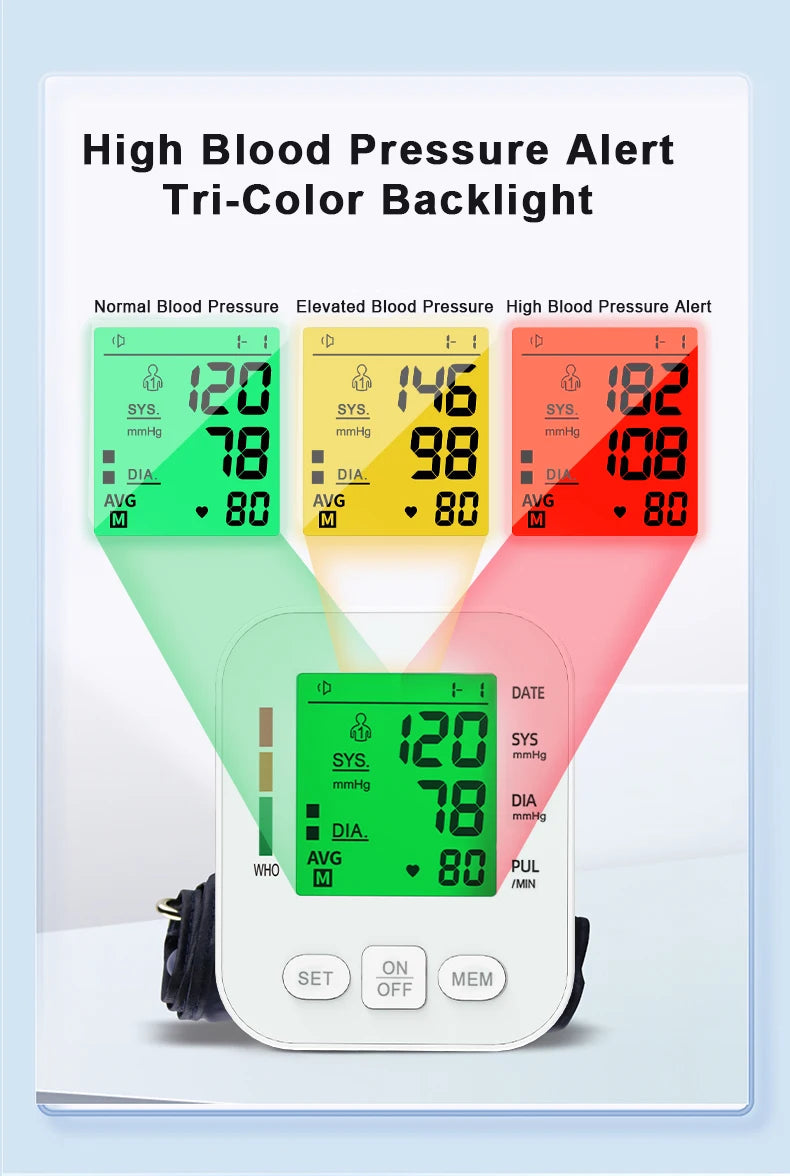LCD Backlight Blood Pressure Test Kit Upper Arm BP Monitor Automatic Tonometer Digital Sphygmomanometer for Home Use Health Care