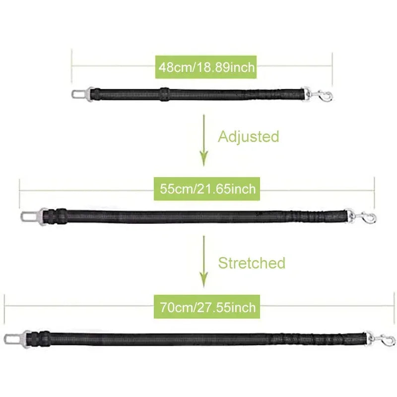 Adjustable black dog car seat belt, elastic safety harness strap for safe travel, stretches from 48cm to 70cm.