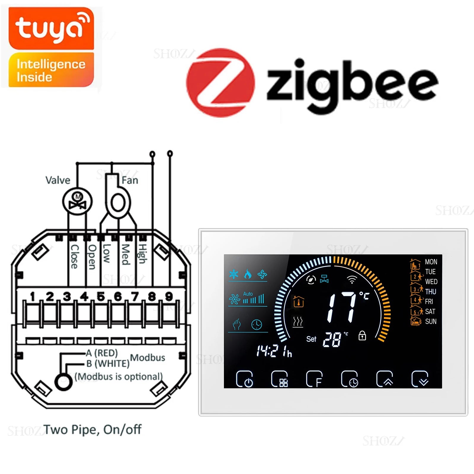 Wifi/RS485/Zigbee Thermostat Air Conditioning 3 Fan Coil Unit Home Cooling/Heating 2/4 Pipe Temperature Controller with Alexa