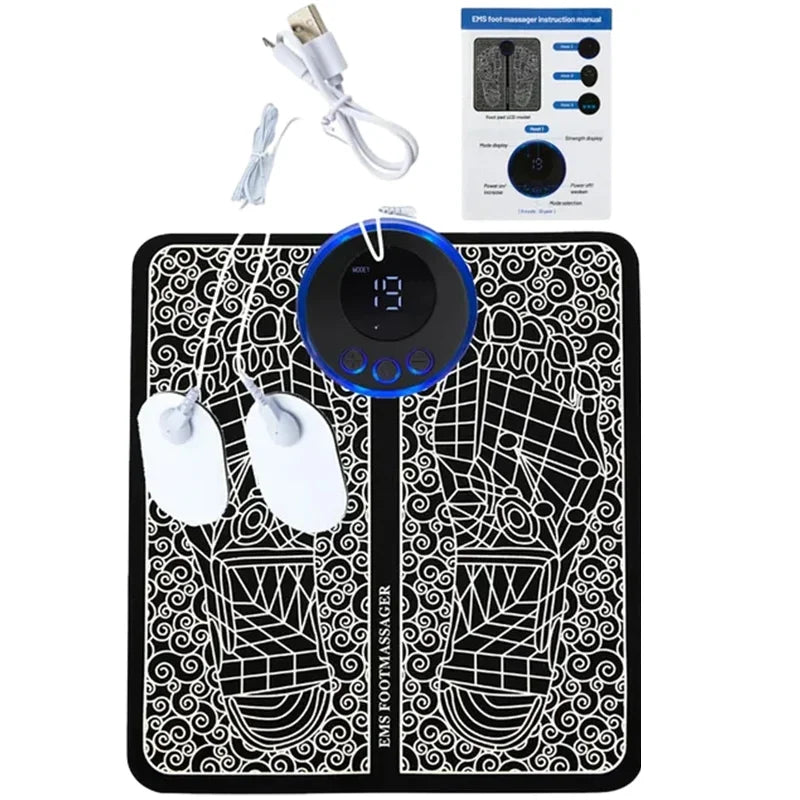 Portable EMS foot massager pad with digital display, electrode pads, and USB cable for pain relief and circulation.