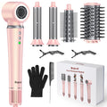 Pink 5-in-1 air wrap hair styler set with dryer, curlers, brushes, clips, and glove for frizz-free hair styling.