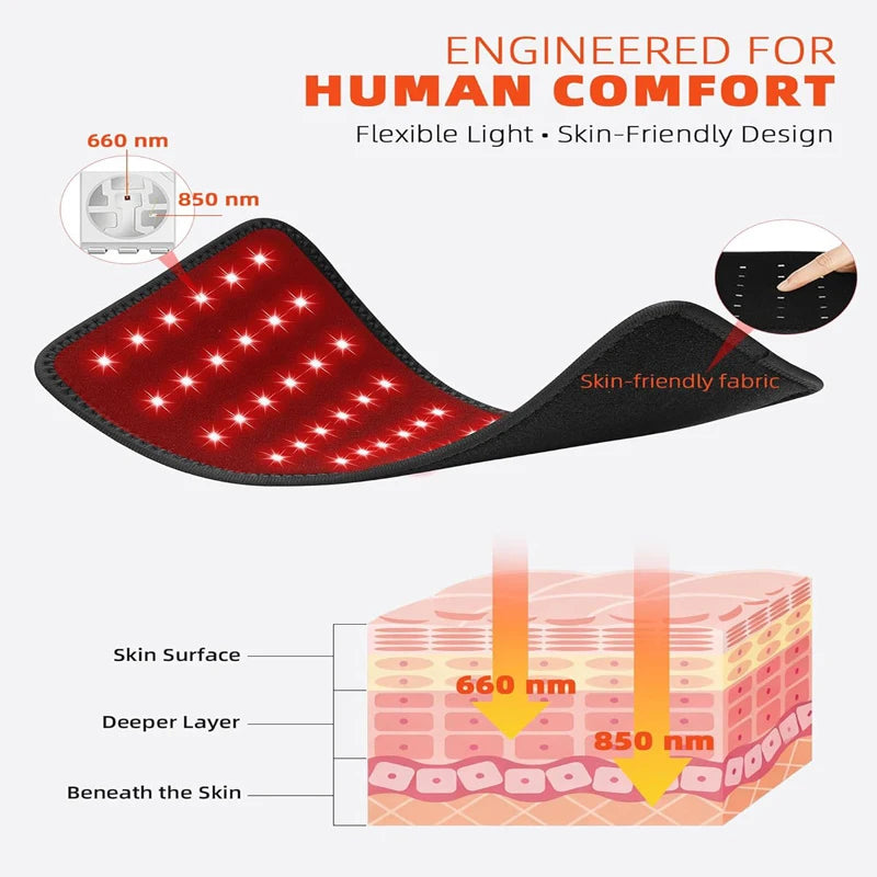 Portable red light therapy belt with 660nm and 850nm LED lights for back pain, flexible skin-friendly fabric design.