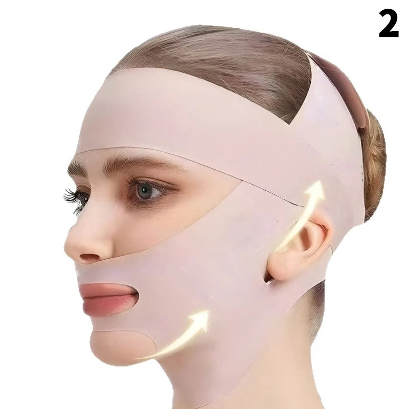 Beige double-deck face slimming bandage for V-line lifting and double chin reduction, worn as a facial strap mask.