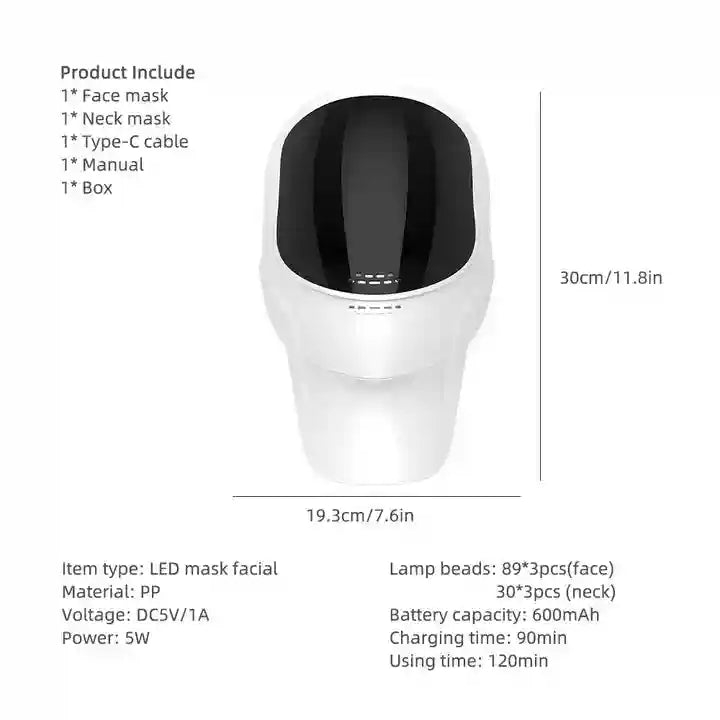 White PP plastic LED facial and neck therapy mask, 30cm tall, featuring a black visor and Type-C rechargeable battery.