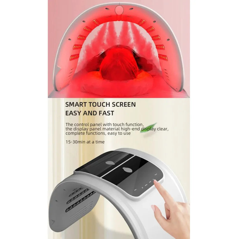 White LED facial spray therapy device emitting red light with a person underneath and a touch-screen control panel.