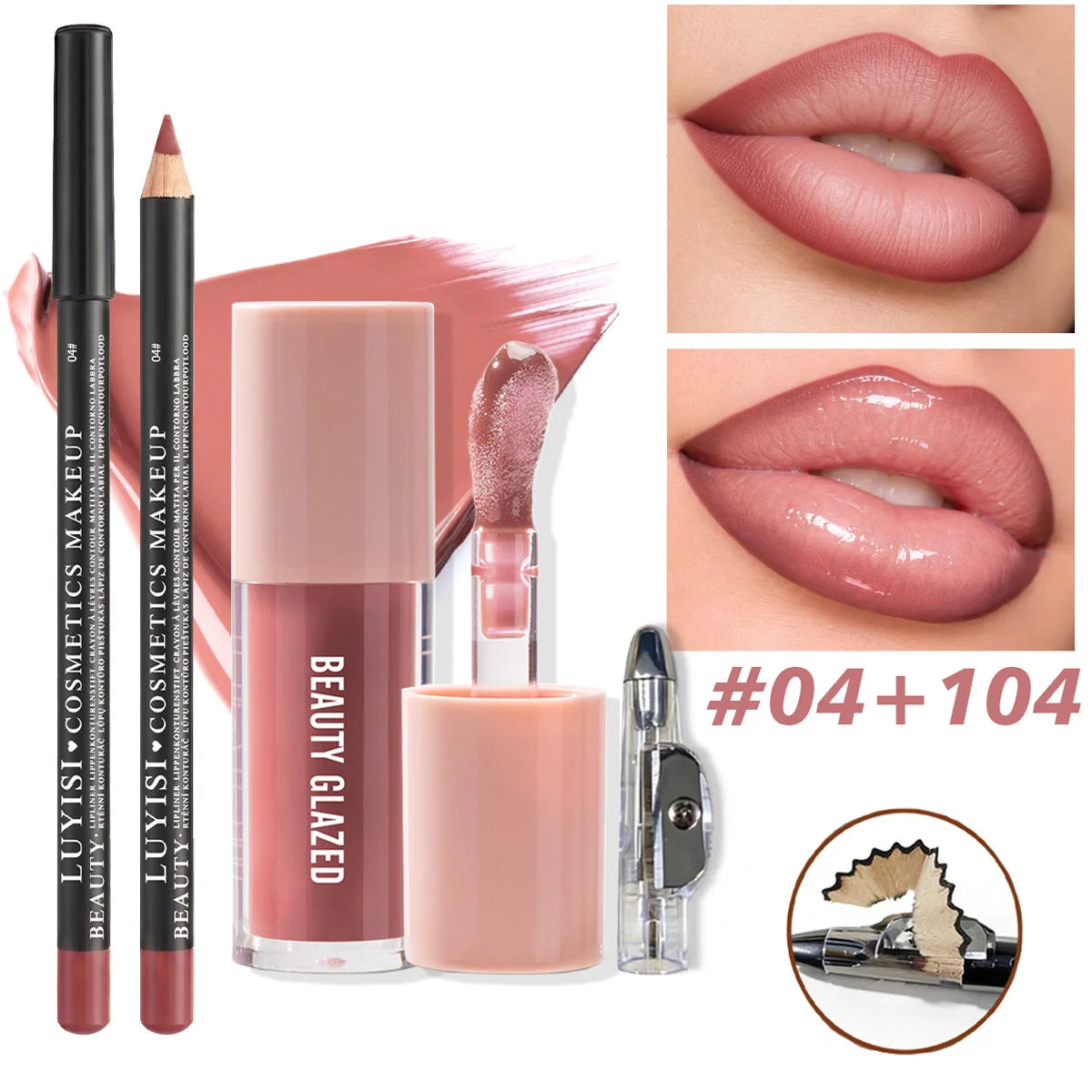 3-piece lip makeup set with nude matte lip liner, moisturizing glossy lip stain, and sharpener for defined lips.