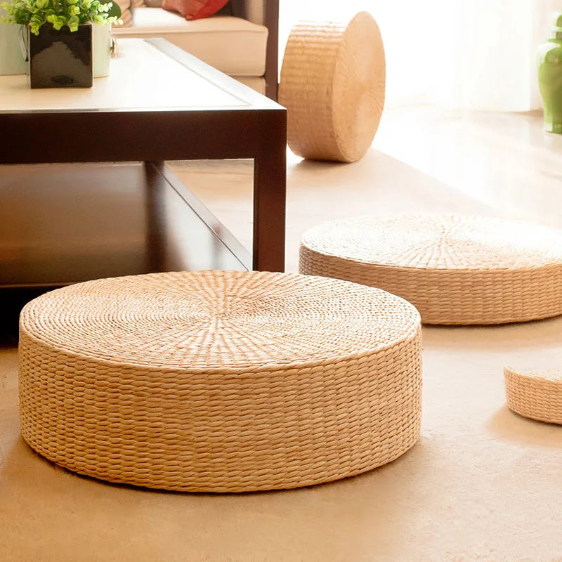 Round Woven Rush Cushion Meditation Zafu Yoga Mat for Floor Tatami Kneeling Tea Ceremony Zen Window Seat