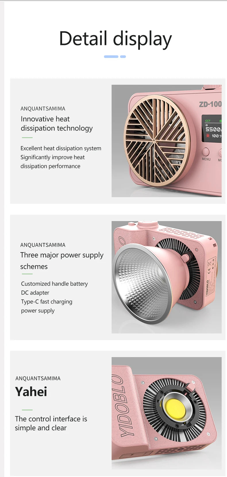 Pink portable LED video light with a built-in cooling fan, reflector bowl, and digital control screen.