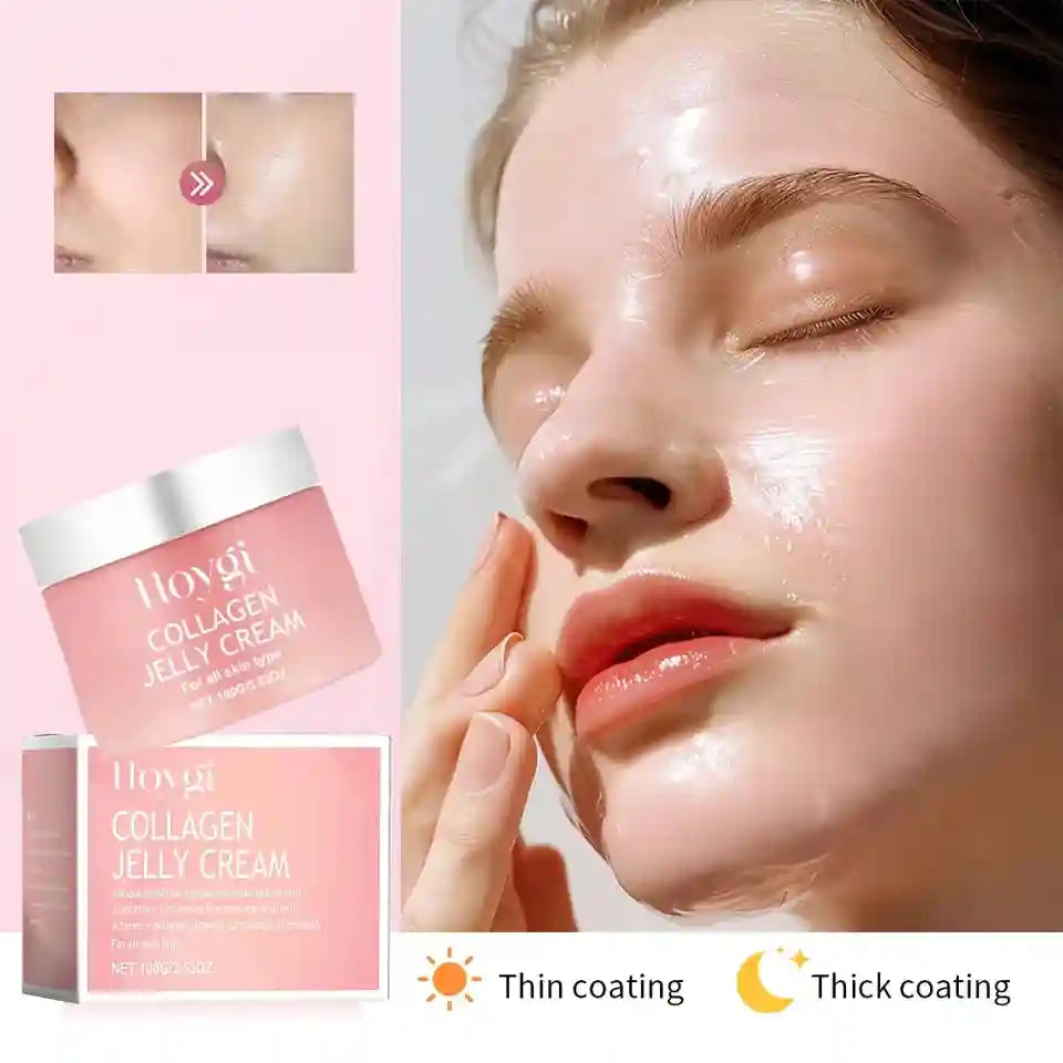 Hoygi Collagen Jelly Cream in a pink jar and box, with a woman showing the gel applied to her face.