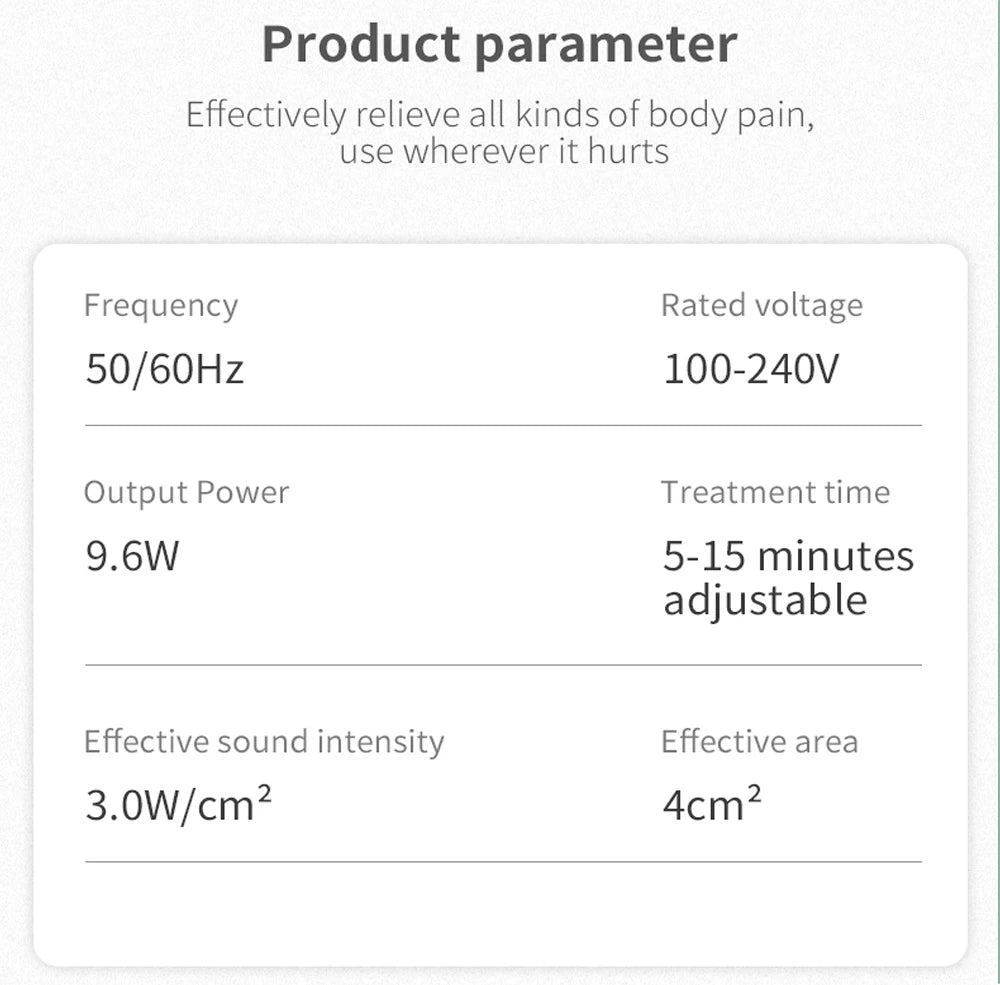 Technical specifications chart for home ultrasound physiotherapy pain relief device for muscle and arthritis treatment.