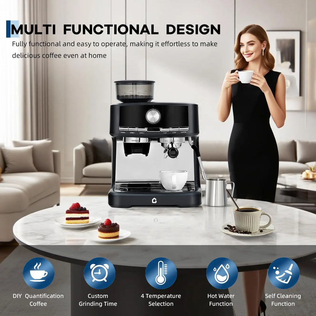 Black stainless steel G-brand espresso machine with built-in grinder and steam wand for home coffee brewing.