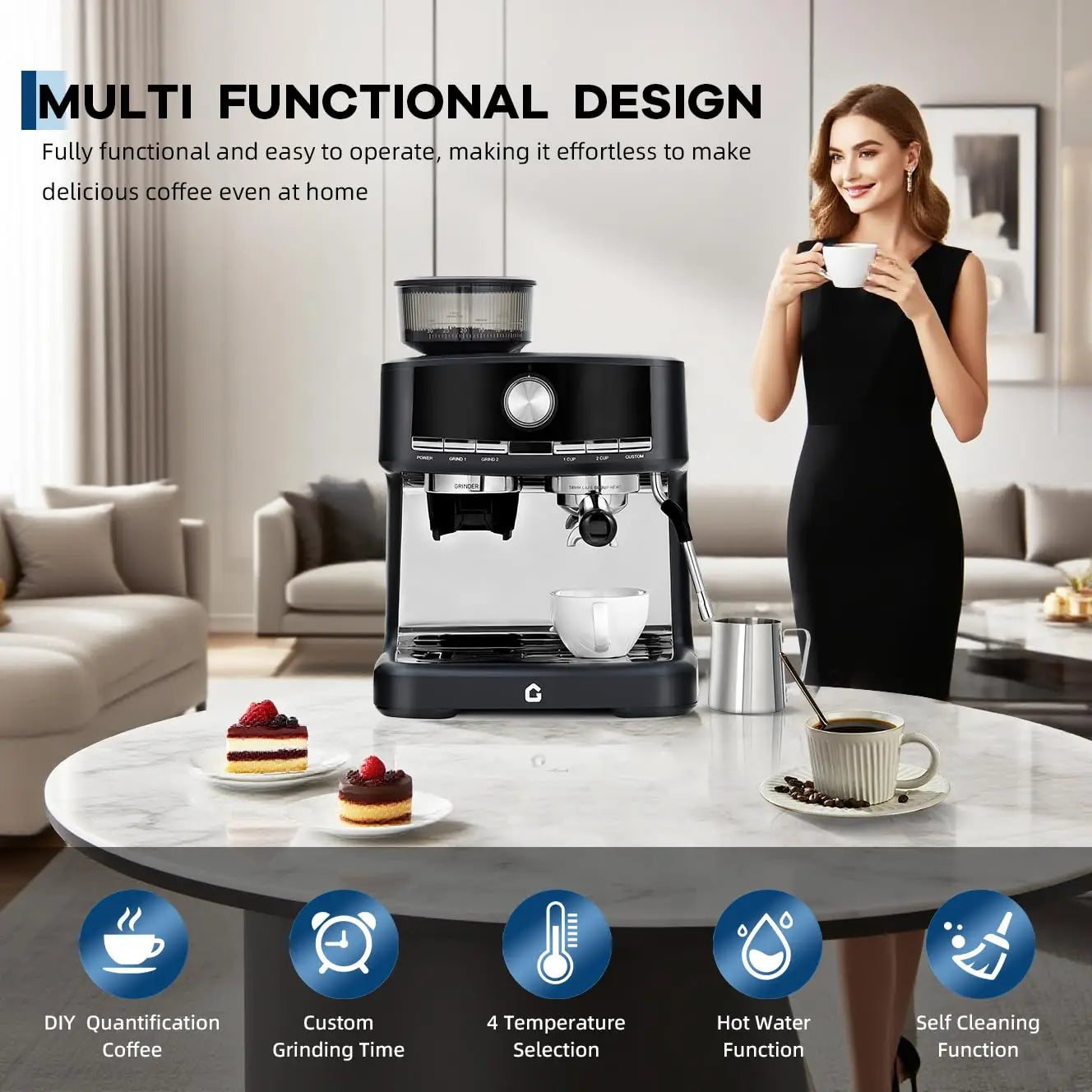 Black stainless steel G-brand espresso machine with built-in grinder and steam wand for home coffee brewing.