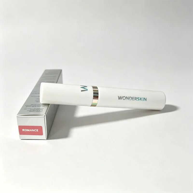 Wonderskin peel-off tattoo lip stain in Romance shade, waterproof matte liquid lip tint in white tube with silver box.