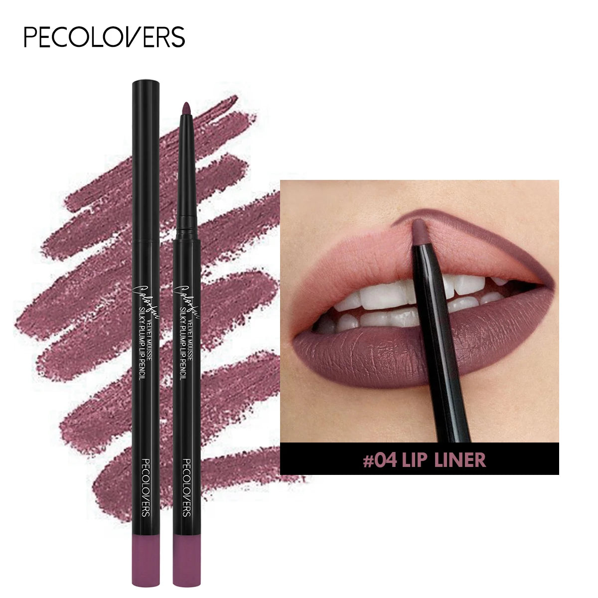 PECOLOVERS waterproof matte lip liner pencil in mauve shade #04, showing creamy application on lips.