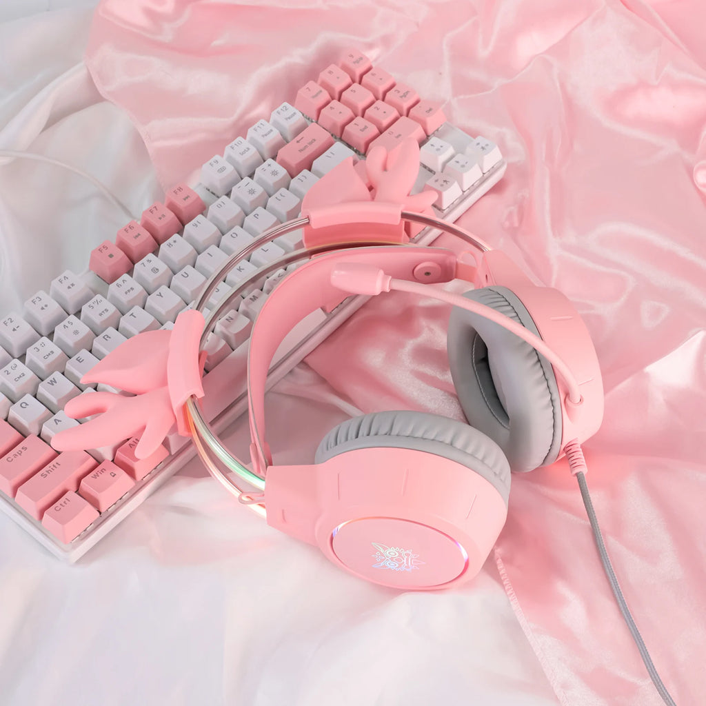 Pink Gaming Headphones with Cat Ears, RGB Mic, and Low Latency Audio Tidesmit
