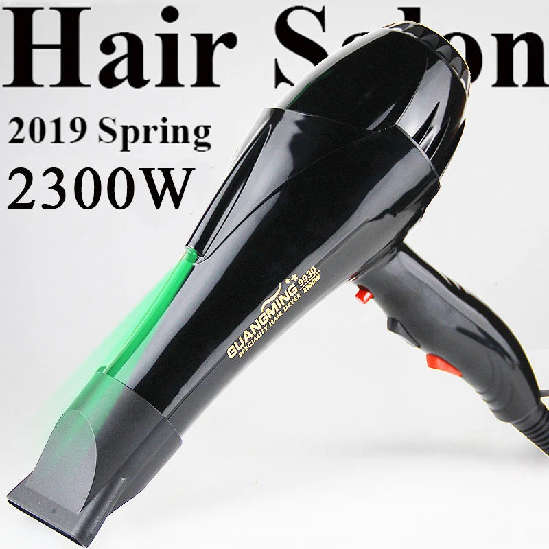 Black professional 2300W hair dryer with concentrator nozzle, ergonomic design, and EU plug for salon styling.