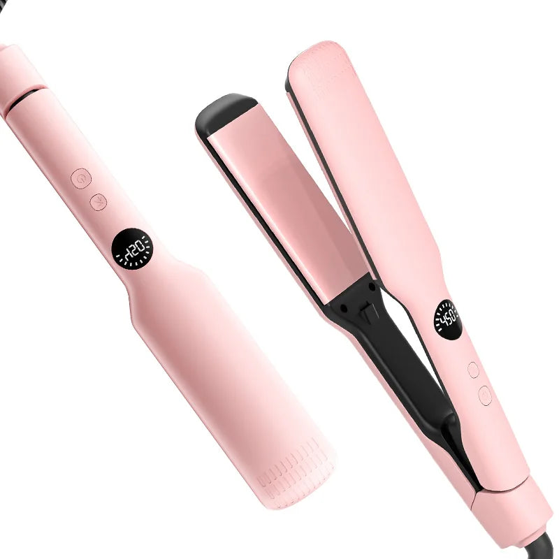 Pink wide-plate hair straightener with LCD digital temp display, ionic coating, and professional salon design.