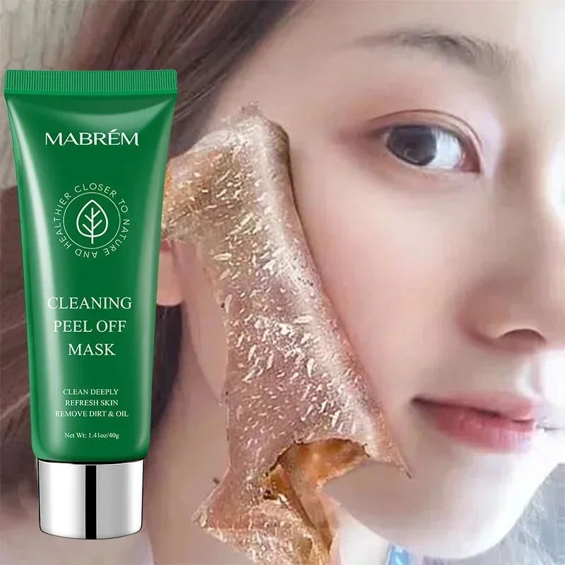 Green tube of Mabrem peel-off mask next to a person applying a gold-toned face mask.