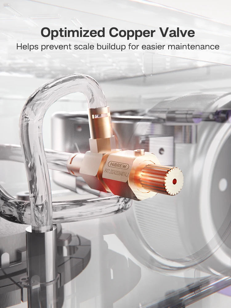 HiBREW coffee maker internal copper valve detail for anti-scale maintenance inside a transparent machine housing.
