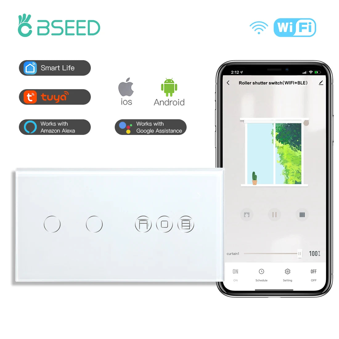 Tidesmit Smart WiFi Shutter Switch - App Controlled Roller Blind Timer Wifi 2Gang White Tidesmit