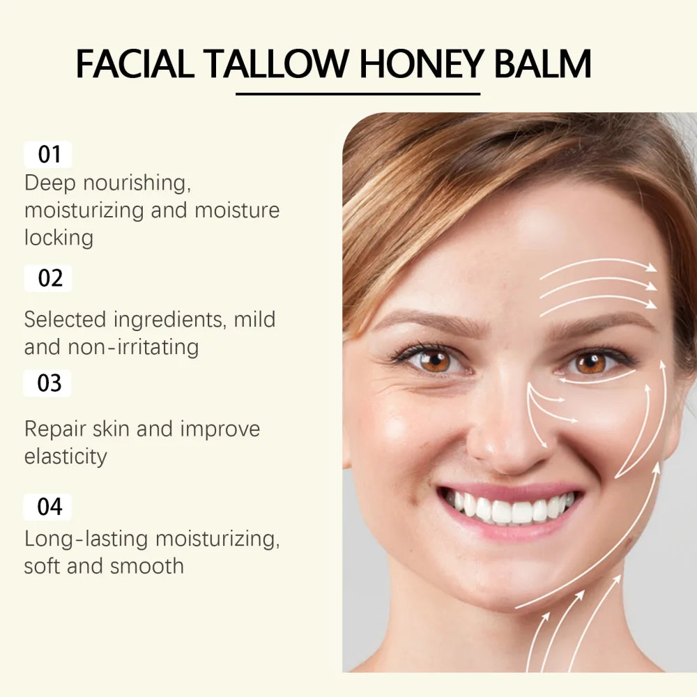 Beef Tallow Honey Balm Moisturizing Hydrating Face Cream Body Lotion Fades Fine Lines Tighten Soothen Brightening Facial Skin