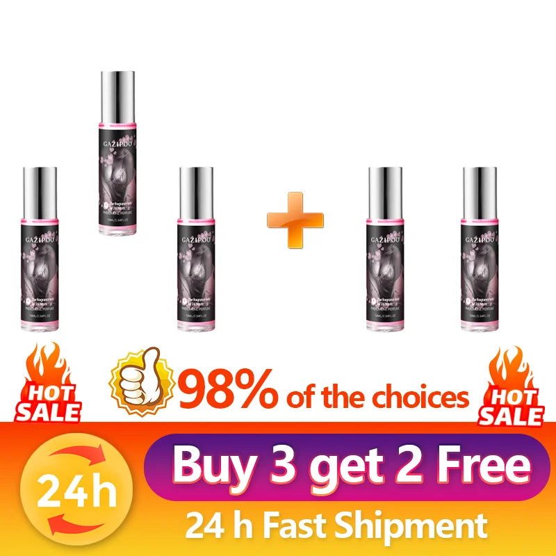 Gazipou pheromone perfume for women, long-lasting roll-on scent, natural alluring fragrance in slim glass bottles.