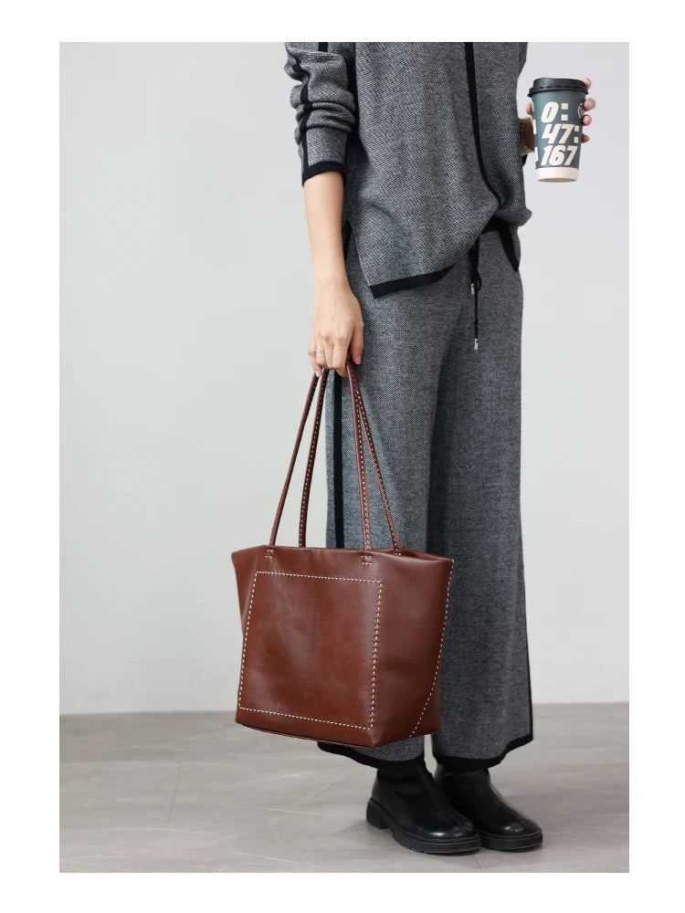 Women Large Capacity Genuine Leather Tote Soft Shoulder Bag