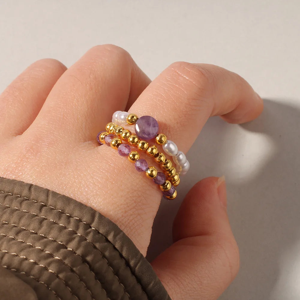 Beach style stacked natural stone ring - simple imitation pearl elastic rope bead ring - suitable for daily wear