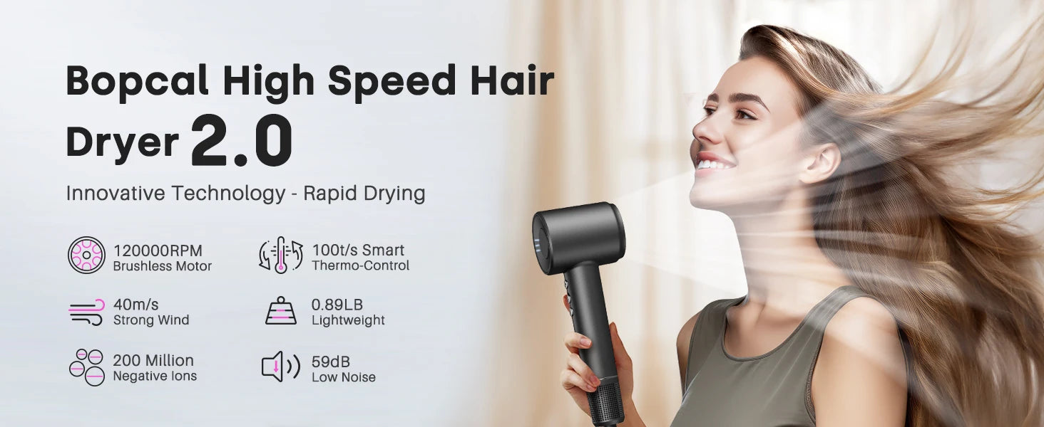 Grey Bopcal high-speed ionic hair dryer 2.0 with 120k RPM motor for fast, quiet, lightweight professional drying.
