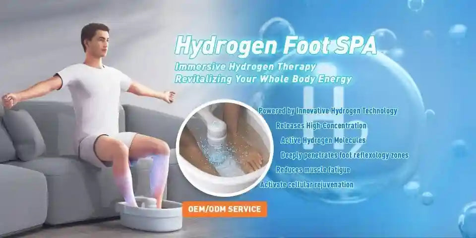 Hydrogen therapy foot spa basin with ionic detox array for home use, providing vibration massage and cellular energy.