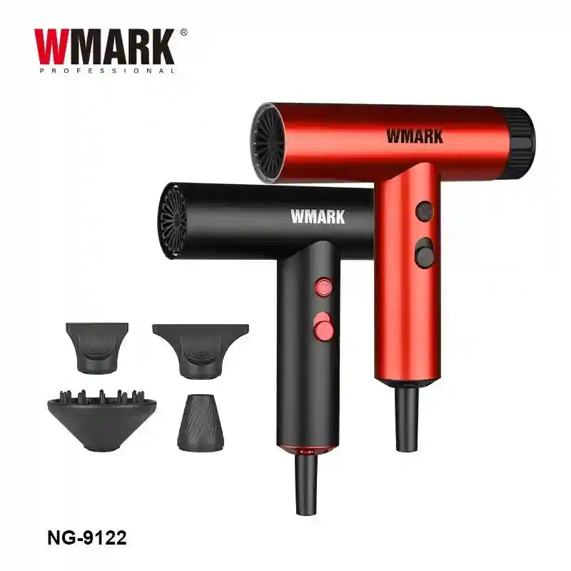 WMARK NG-9122 high-speed hair dryers in red and black with professional nozzles and diffuser for salon-quality drying.