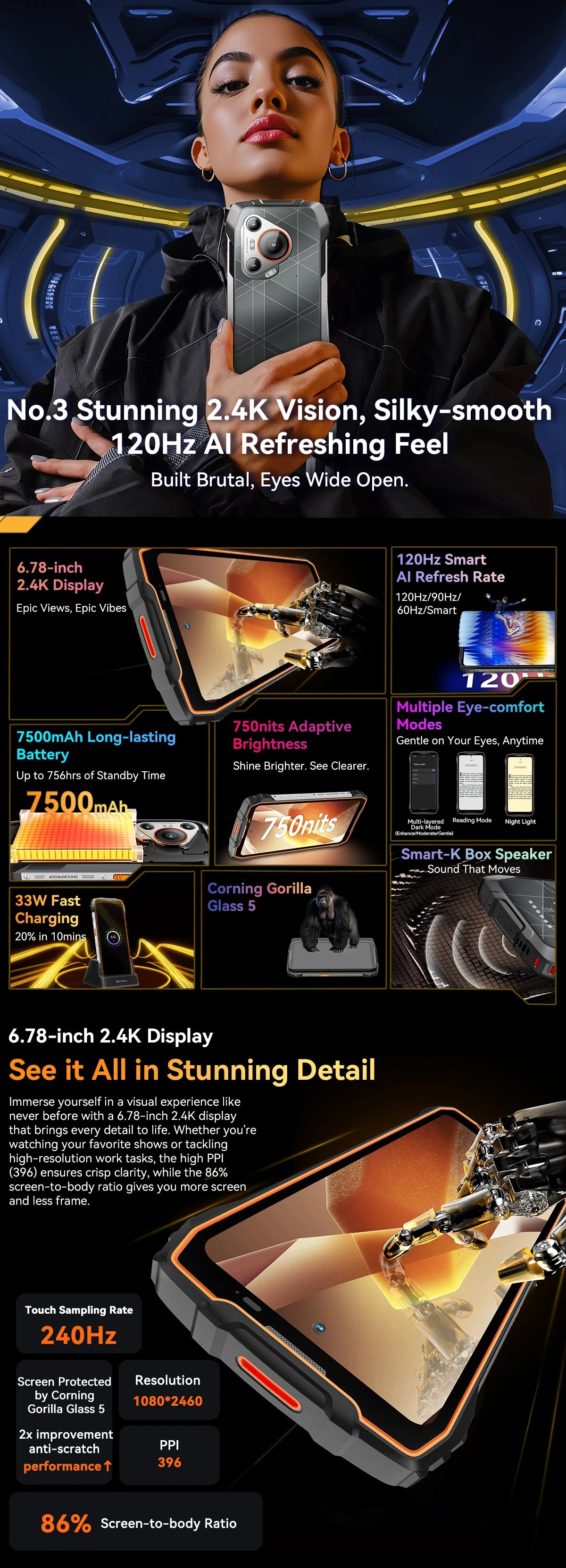 BLACKVIEW BL7000 5G AI Rugged Phone Deepseek GPT Android 15 Smartphone, 6.78" HD+2.4K Display 120Hz, 8GB RAM 256GB, 7500Amh