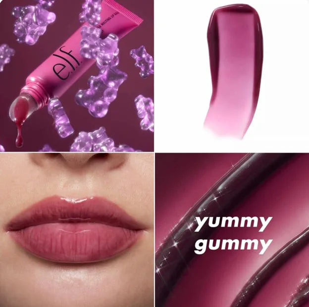 e.l.f. moisturizing lip balm with glossy berry-tinted texture and gummy candy aesthetic on lips.