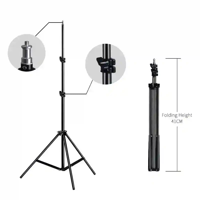 Black aluminum light stand with adjustable locking knobs, metal mounting tip, and a 41cm folded height.