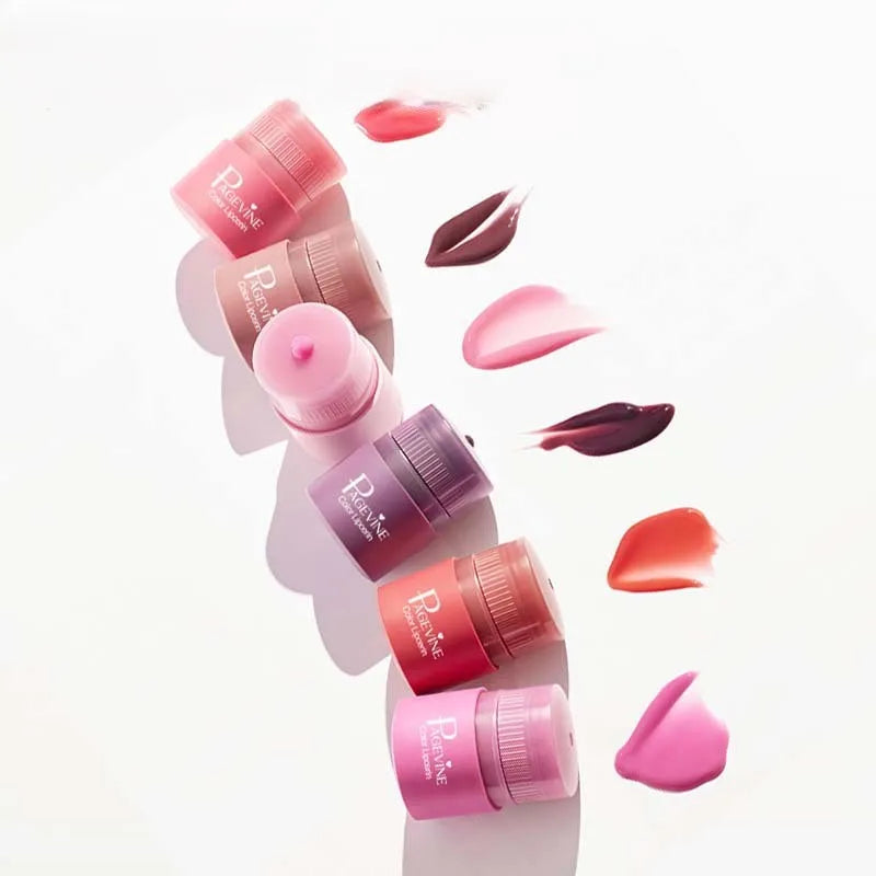 Hydrating twist-up lip balm set with glossy, pigmented swatches in various shades for a non-sticky, moisturizing finish.