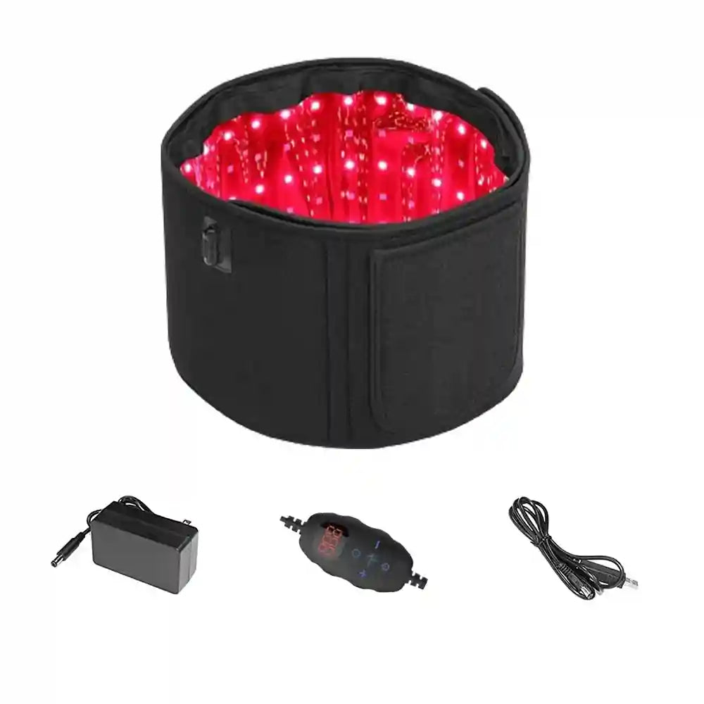 Black LED light therapy wrap with red inner lights, accompanied by a power adapter, controller, and cable.
