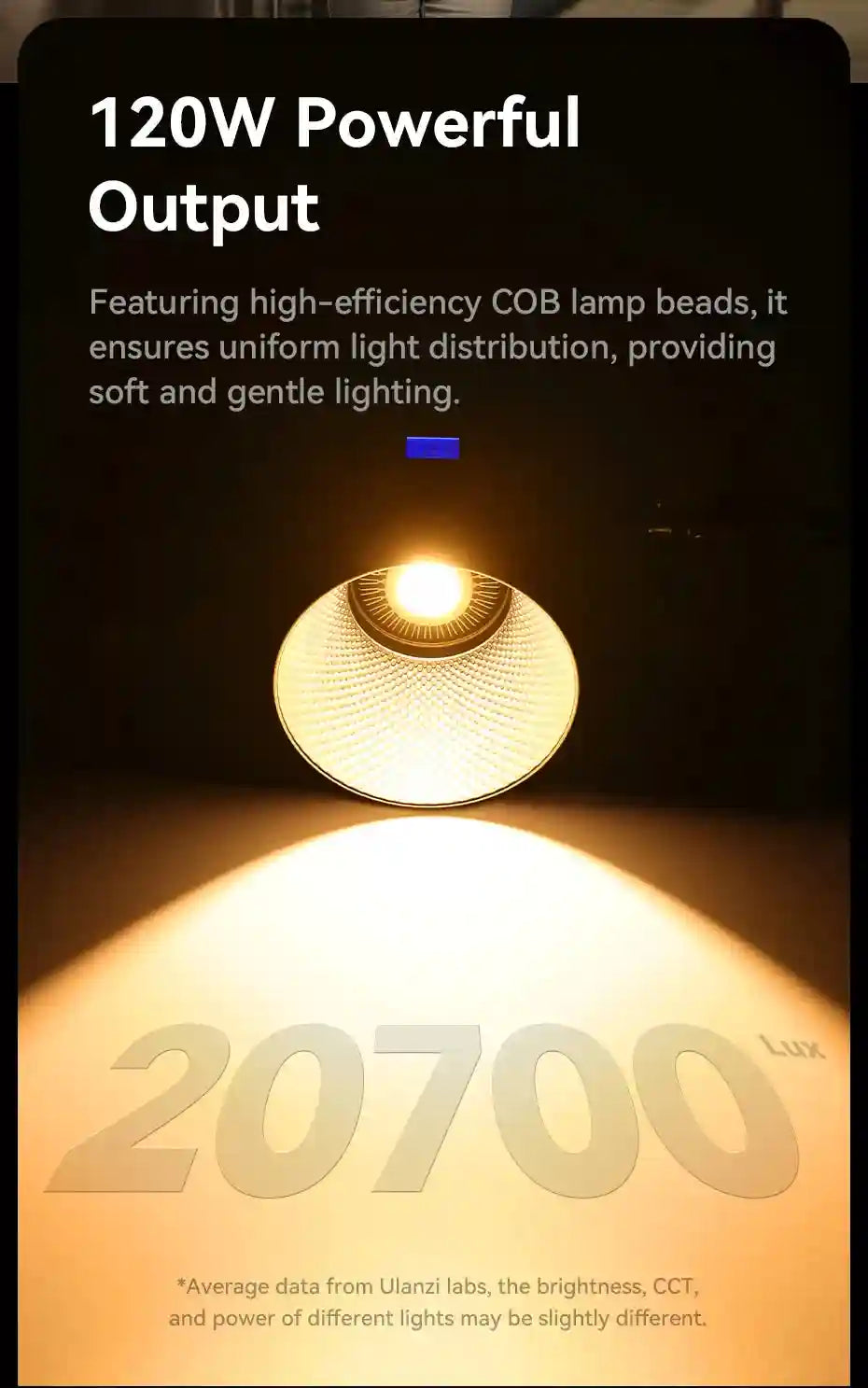 120W COB LED studio light with a deep, reflective, textured silver bowl for focused, warm illumination.