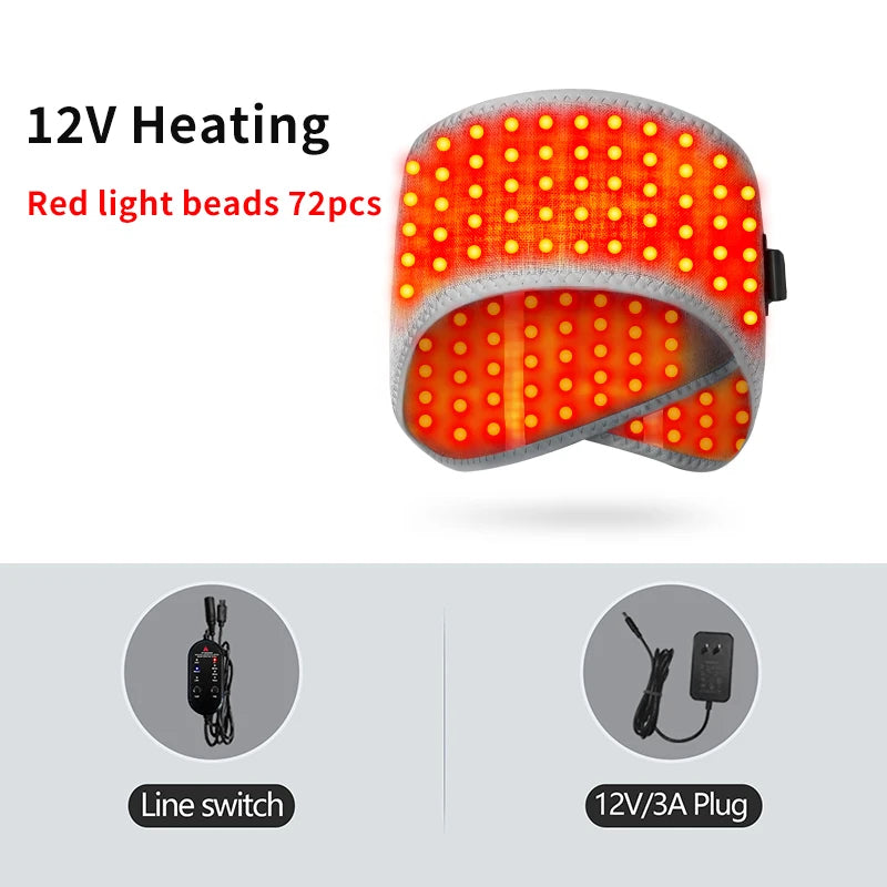 Grey headband with 72 red light beads for migraine relief, including 12V heating controller and power plug adapter.