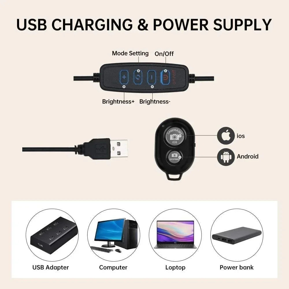 USB power controller with brightness/mode buttons, a Bluetooth remote for iOS and Android, and compatible power sources.