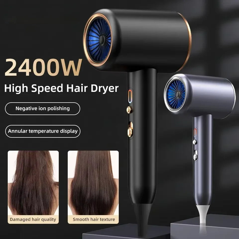 F33 2400W high-speed professional hair dryer with ionic tech, temperature display, and sleek black gold design.