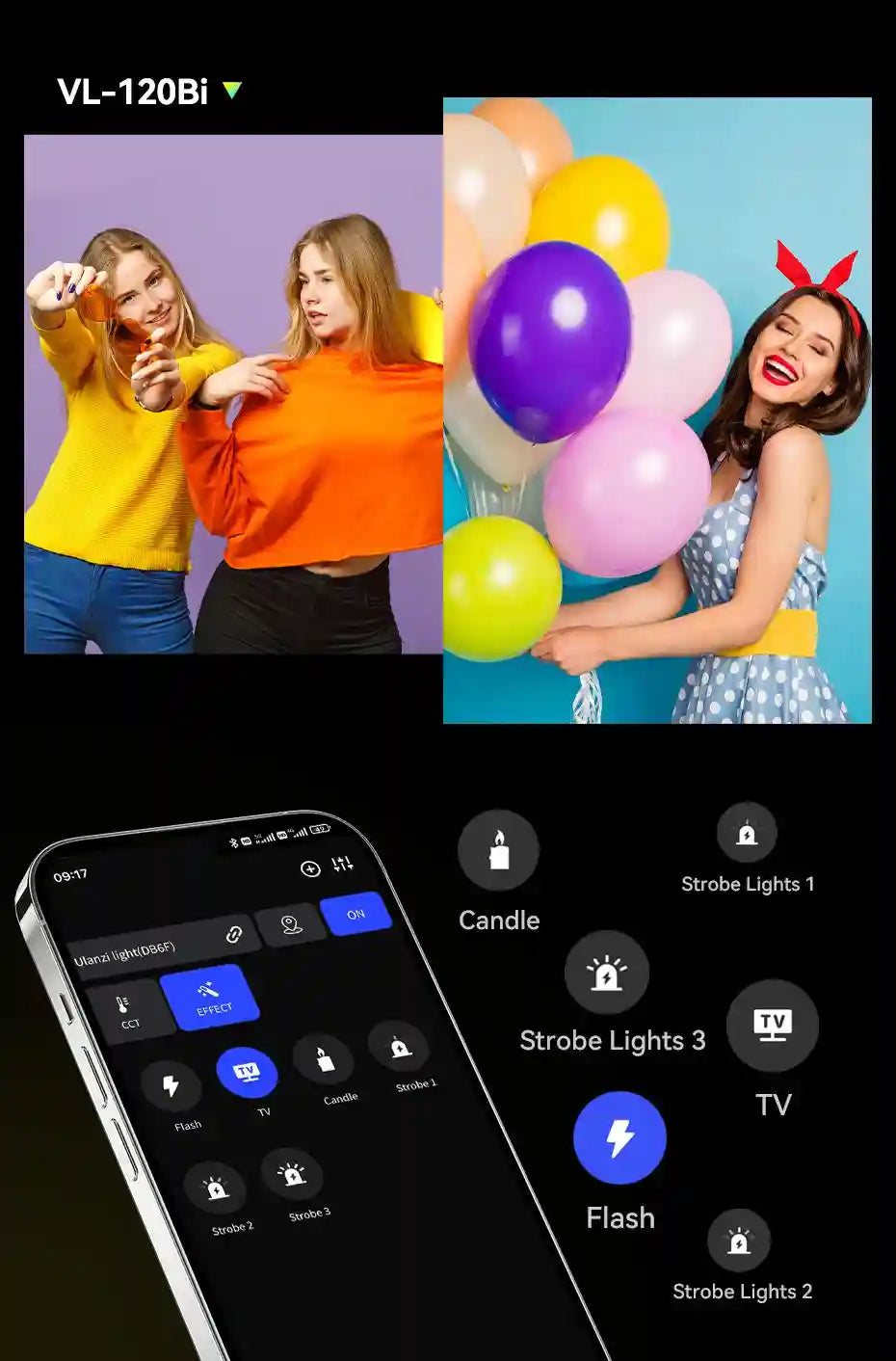 VL-120Bi LED light panel with smartphone app control interface for selecting lighting effects like flash and strobe.