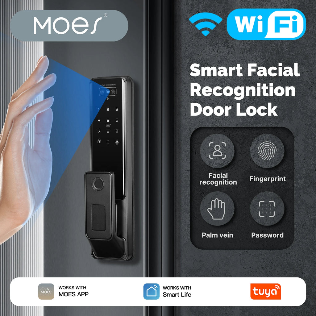 MOES Tuya WiFi Smart Door Lock Facial Palm Vein Recognition Remote Fingerprint Password IC Card Unlock Indoor Battery Powered