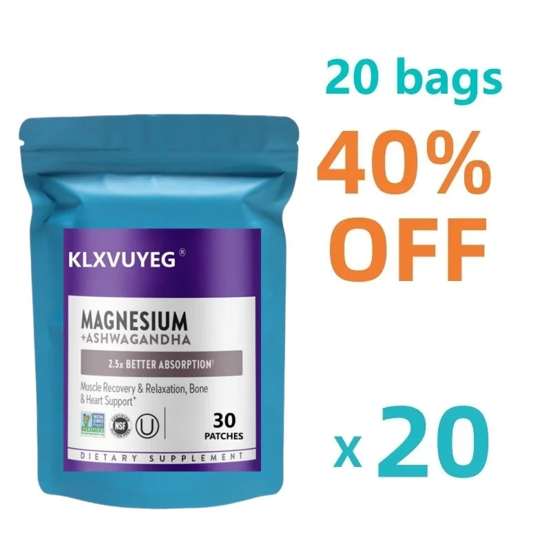 Magnesium, KLXVUYEG Magnesium + Ashwagandha Supplement, Muscle Recovery, Heart & Bone Health, Calm & Relaxation, 30 Patches