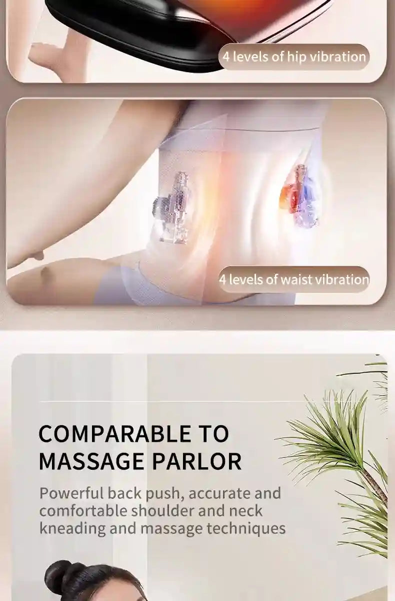 Black shiatsu massage chair pad with glowing internal massage nodes, illustrating hip and waist vibration levels.