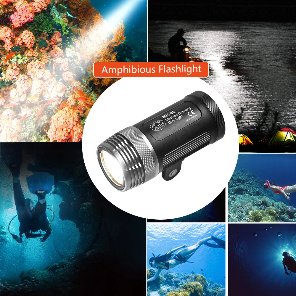 Black and silver cylindrical amphibious LED dive flashlight with a metal body, used for underwater illumination.